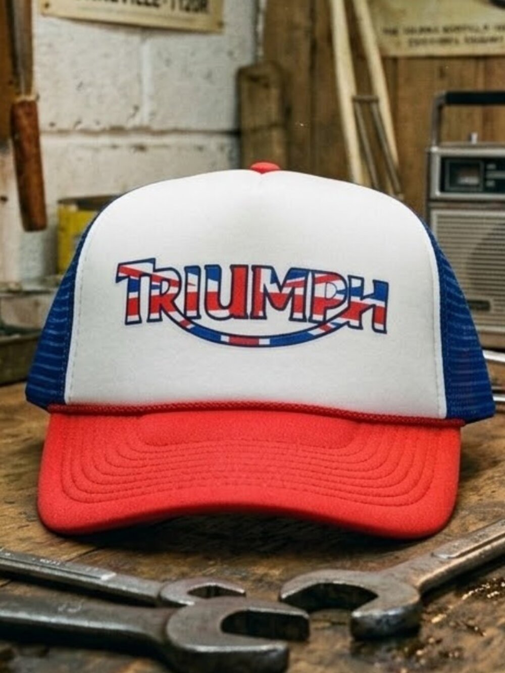 Retro Triumph Trucker Hat Motorcycle Union Jack Red White Blue Foam Snapback 80s